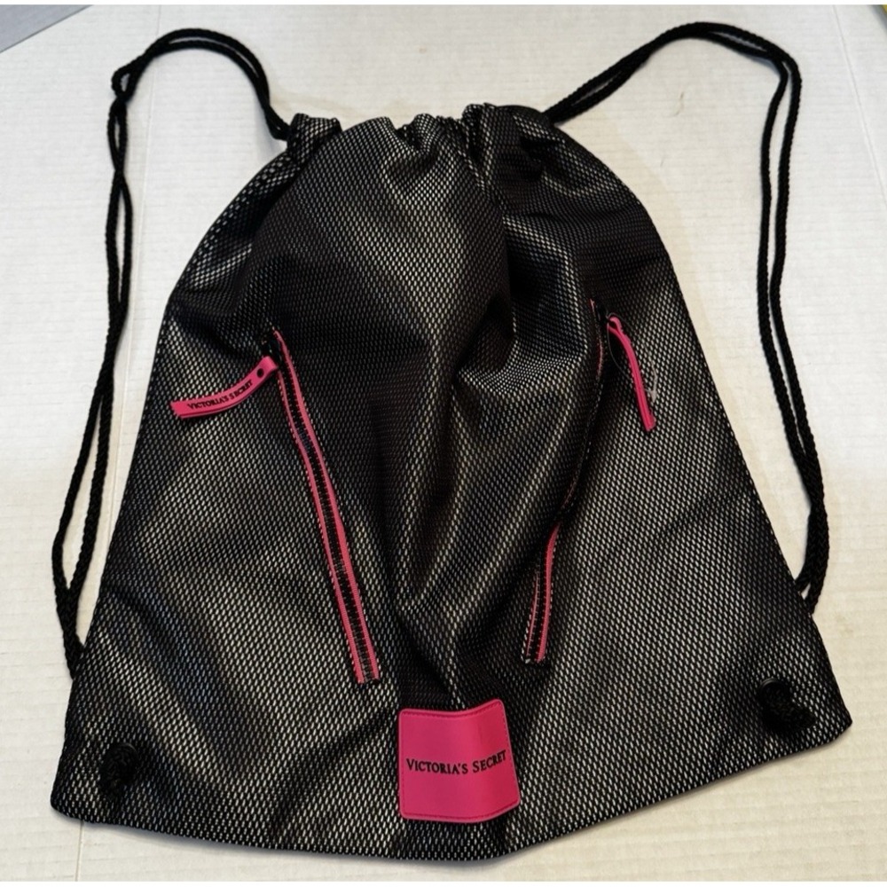 Victoria's Secret Black Mesh Drawstring Backpack Pink Zip Pockets 18x16 Gym Bag